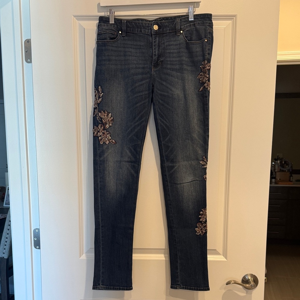 White House Black Market Dark Wash Straight Leg Jeans with Floral Embroidery